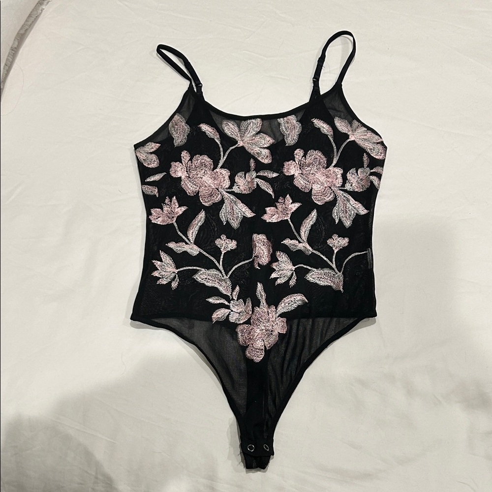 Express Black Mesh Bodysuit with Pink Floral Embroidery